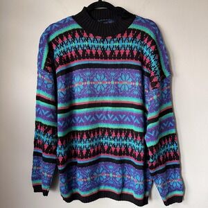 Vintage Carmelton Sweater Mens Large Black Multicolor Knit 90s USA Made
